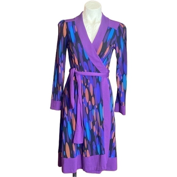 VTG DANIELA CORTE faux wrap dress jersey purple kaleidoscope mod psychedelic S - Picture 2 of 9